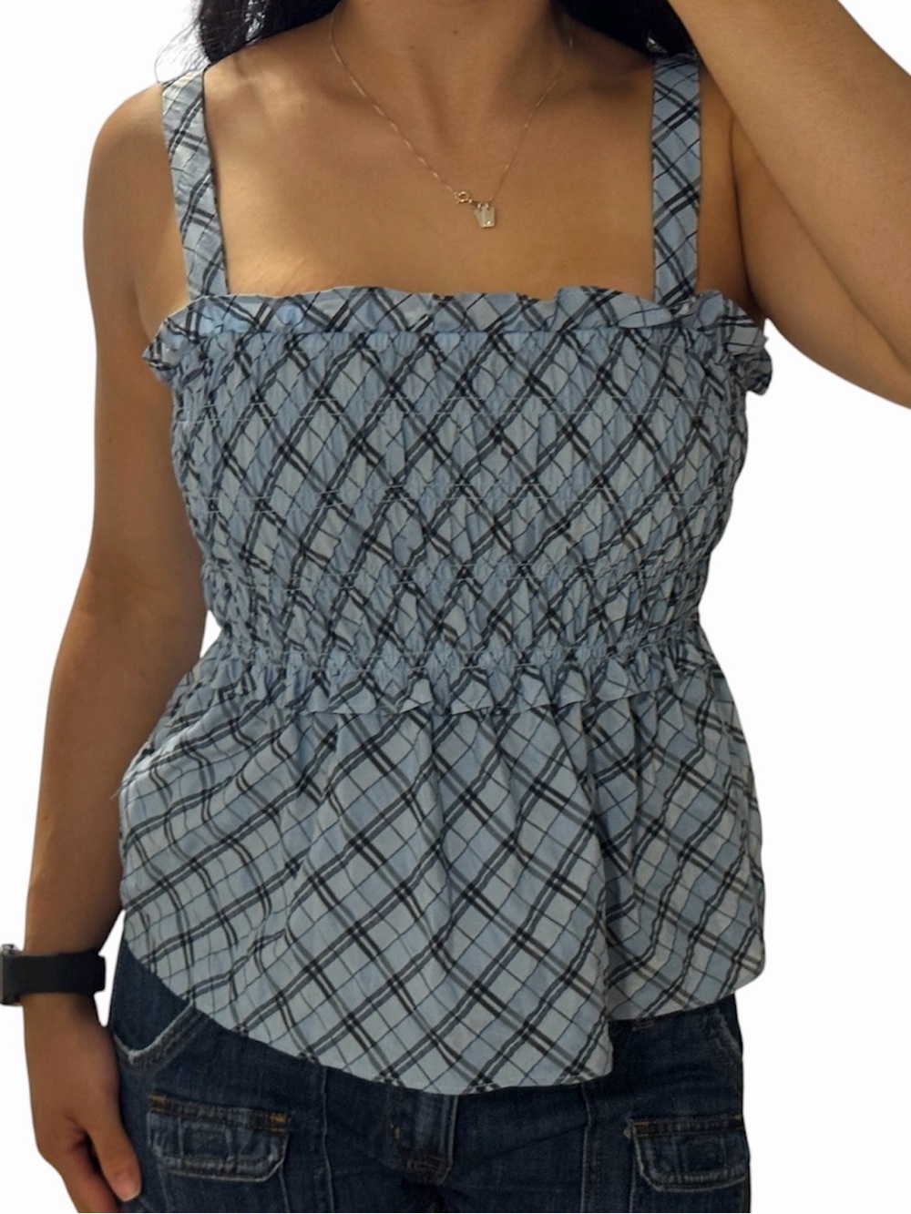 J.Crew Blue Plaid Smocked Peplum Tank Top XXS